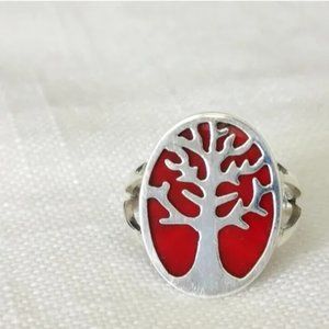 Sterling silver red sponge coral Tree of Life ring size 6 🆕